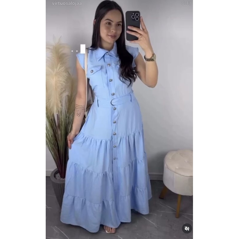 Vestido Longo  Com detalhes em Costura  e Bolsos Estiloso Com Cinto Elegante Acinturado  Tendencia  Manga Curta em Oferta na Shopee