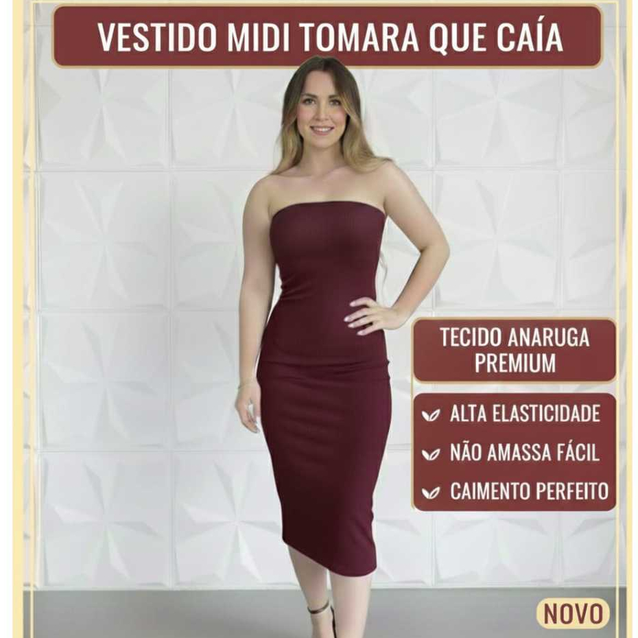 Vestido Mídi Tomara que Caia Canelado Elegância  e Conforto em um Único Vestido! TECIDO ANARRUGA