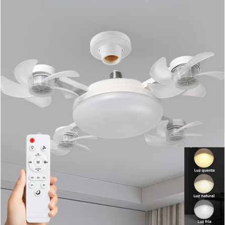 Ventilador de Teto com Lustre LED E27 Silencioso com Controle Remoto 4 Mini Hélices Integradas Bivolt