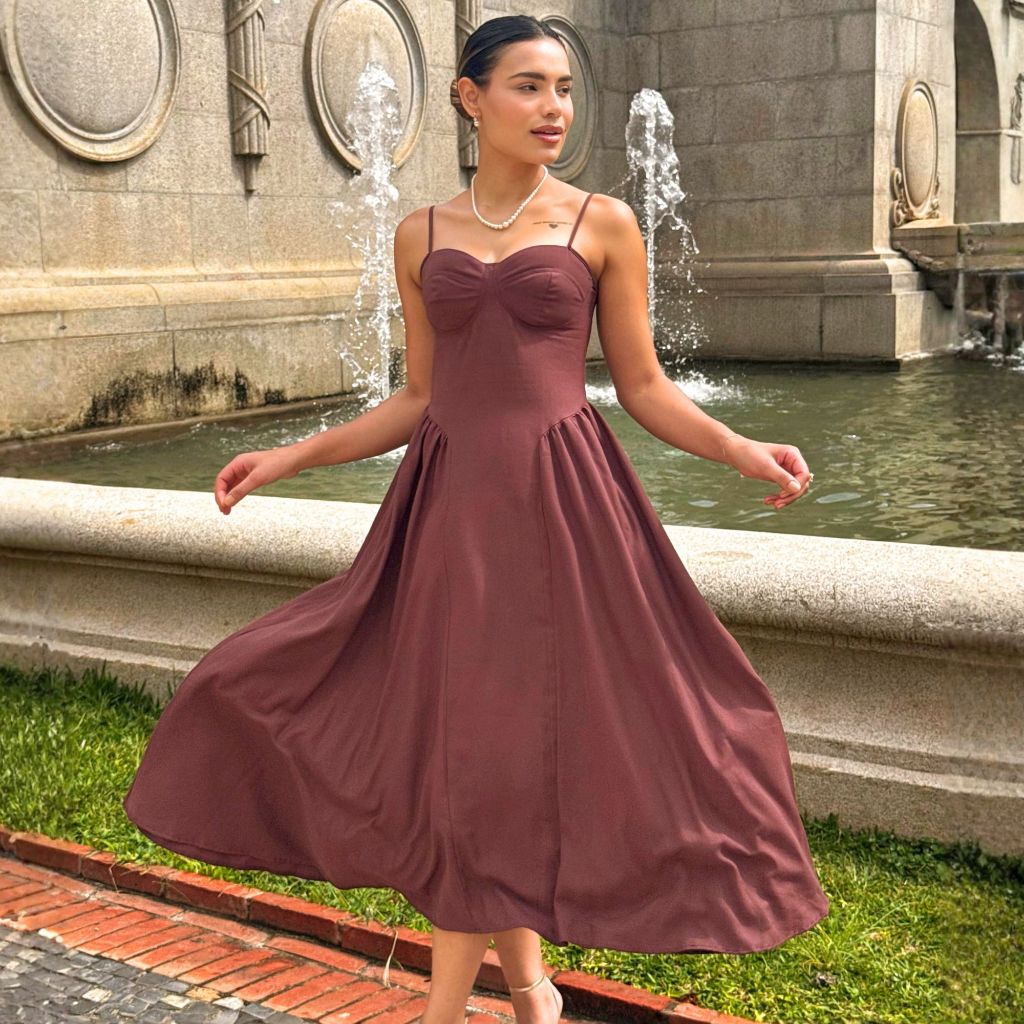 Vestido Feminino Alcinha Midi Rodado Alfaiataria Premium Sem Bojo Paris - 56 em Oferta na Shopee