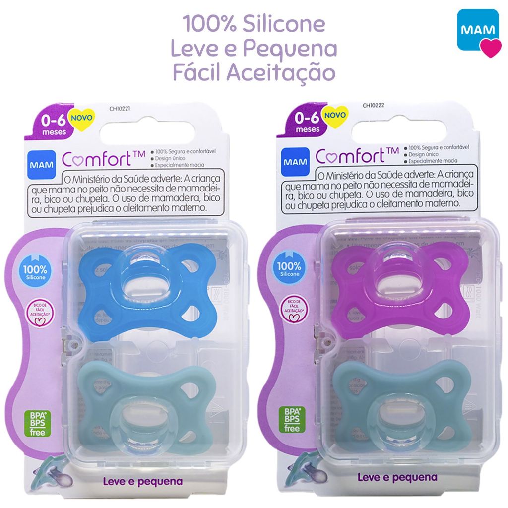 Kit Chupeta MAM 0-6 Meses Comfort 100% Silicone 2 Unidades Bico Bebê Menina Menino MAM Dupla Original em Oferta na Shopee