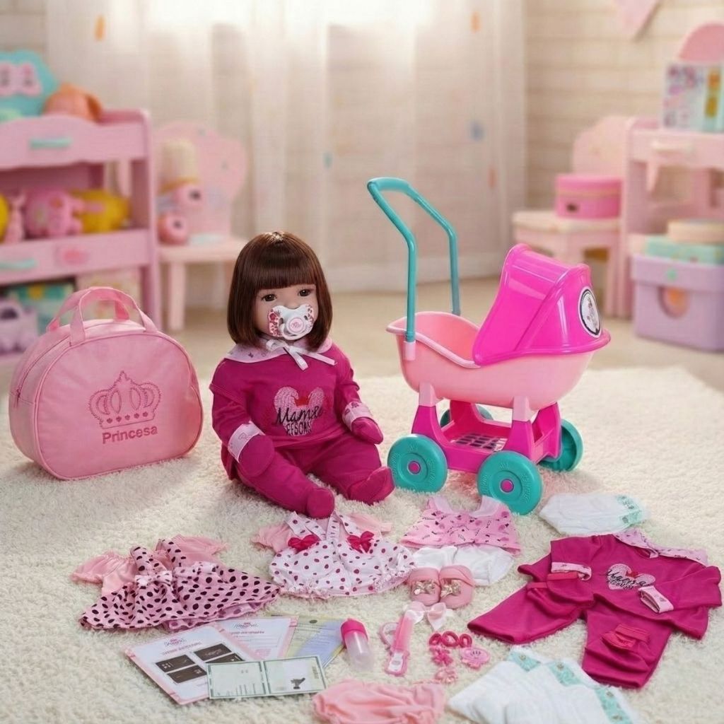 Boneca Bebê Reborn Realista 100% Silicone Pode Banho + Enxoval Carrinho Bolsa 4 Trocas de Roupas em Oferta na Shopee