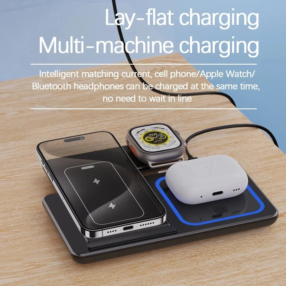 Carregador 3 em 1 Sem Fio Indutivo Rápido - Dock Station Preto para Celular, Relógio e Fone