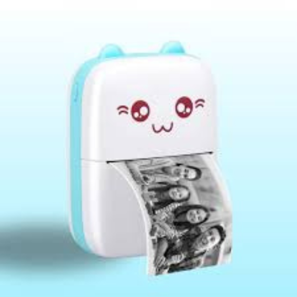 Mini Impressora Bluetooth Gatinho Térmica Portátil Azul Claro Branco Bateria Recarregável
