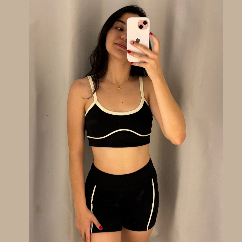 Conjunto Fitness Feminino Top + Short Cós Alto Colado Cropped Duplo Roupa de Academia Blogueira