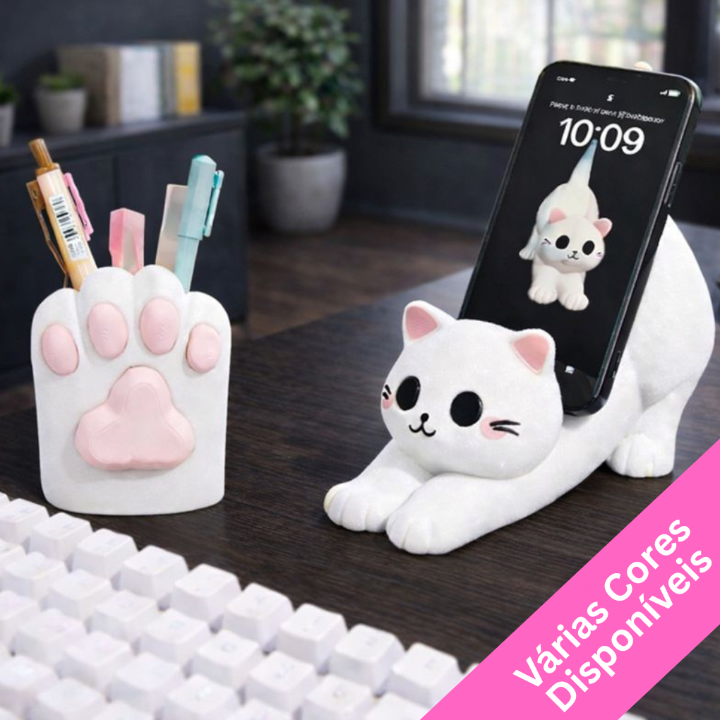 Porta Lapis Canetas Gatinho mais Suporte para Celular