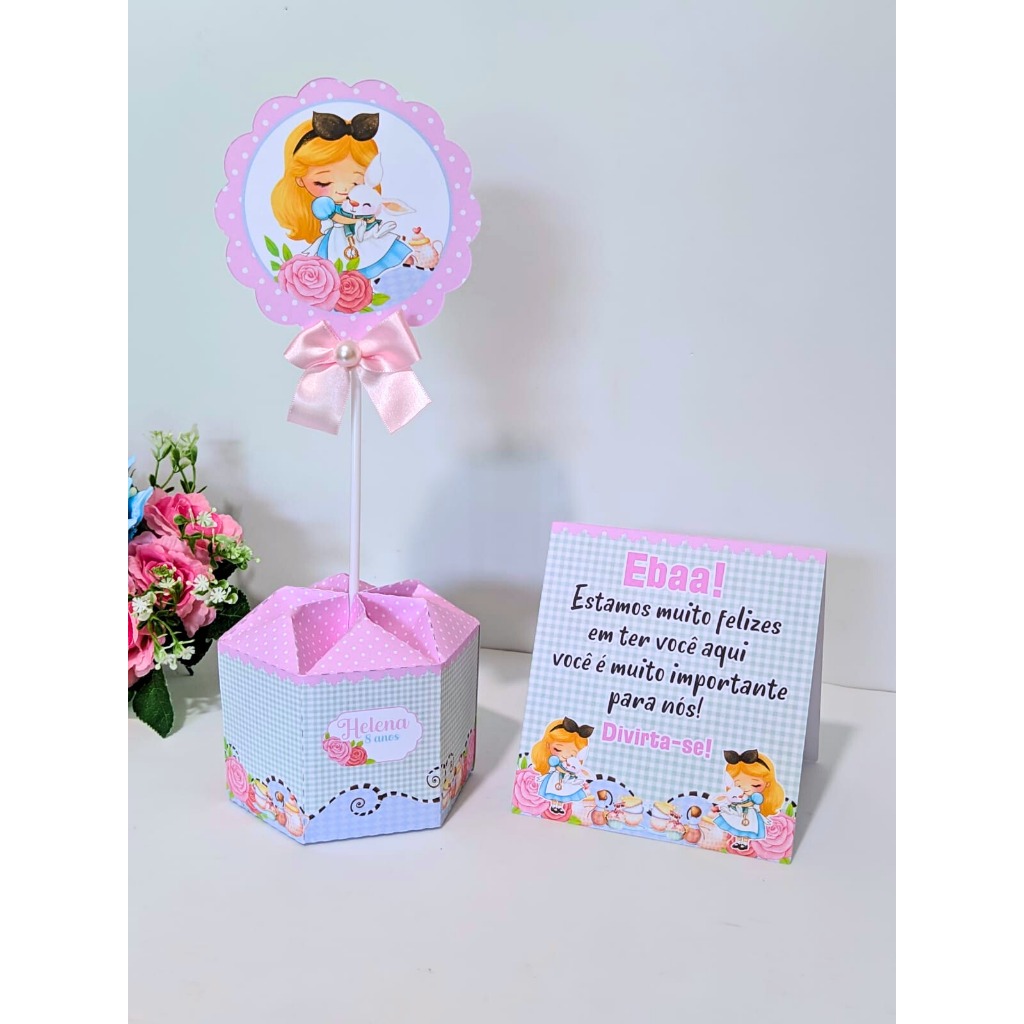 Centro de Mesa Alice no País das Maravilhas Plaquinha de mesa Lembrancinha Festa Personalizado