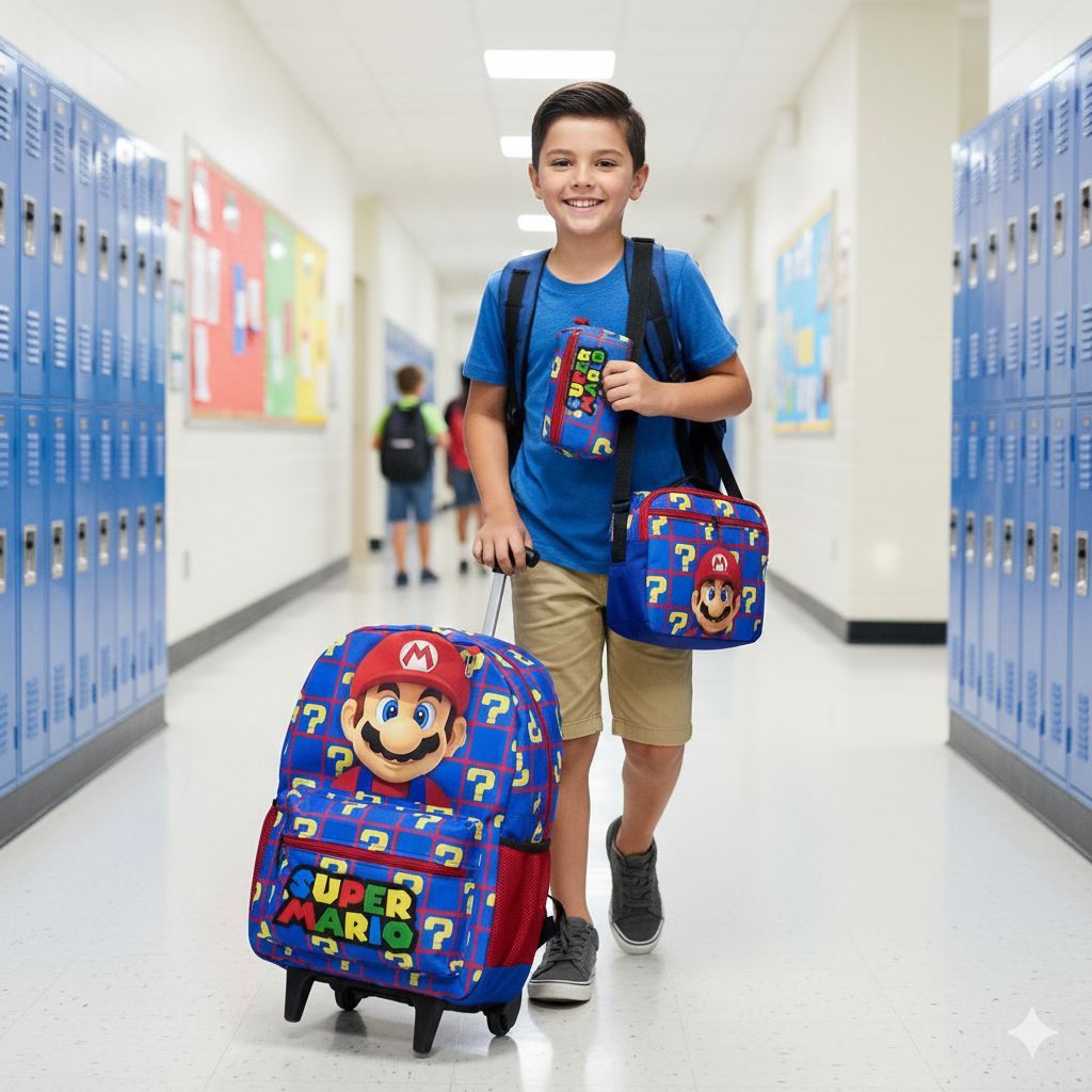 Kit mochila escolar mario bross azul rodinha com lancheira, estojo e mochila tamanho grande