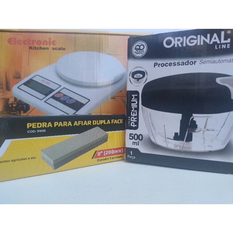 kit Cozinha Prática Completa: Processador de alimentos Manual, Balança e pedra de amolar