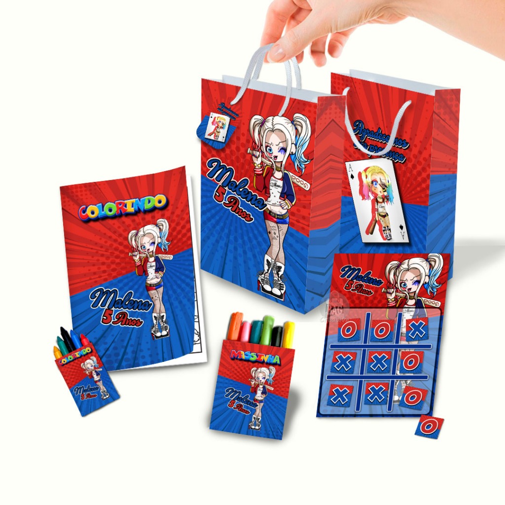 Lembrancinha de Aniversário Personalizado Sacolinha, Livrinho, Jogo da Velha, Massinha Arlequina