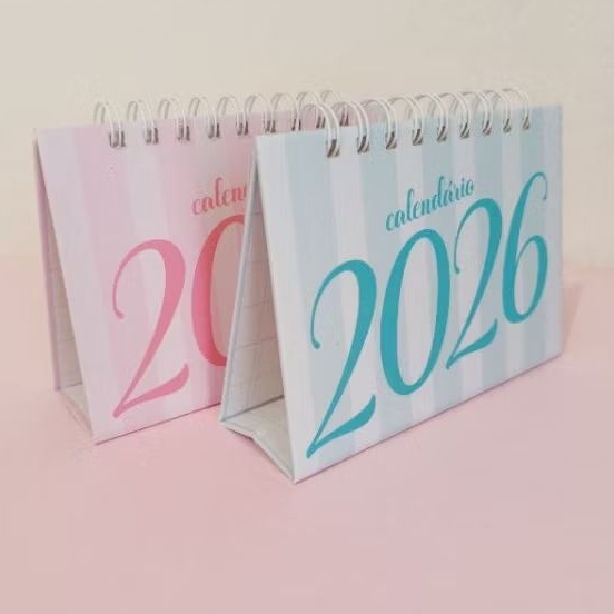Calendário de Mesa 2026 A6 | Minimalista Rosa | Papelaria Delicada