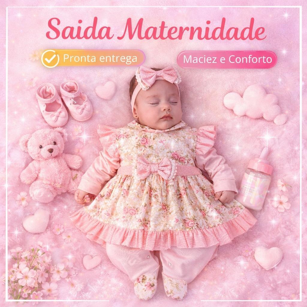Saída Maternidade Menina Luxo 5 Peças Floral RN 100% Algodão – Macacão Vestido Faixa Manta e Luvas