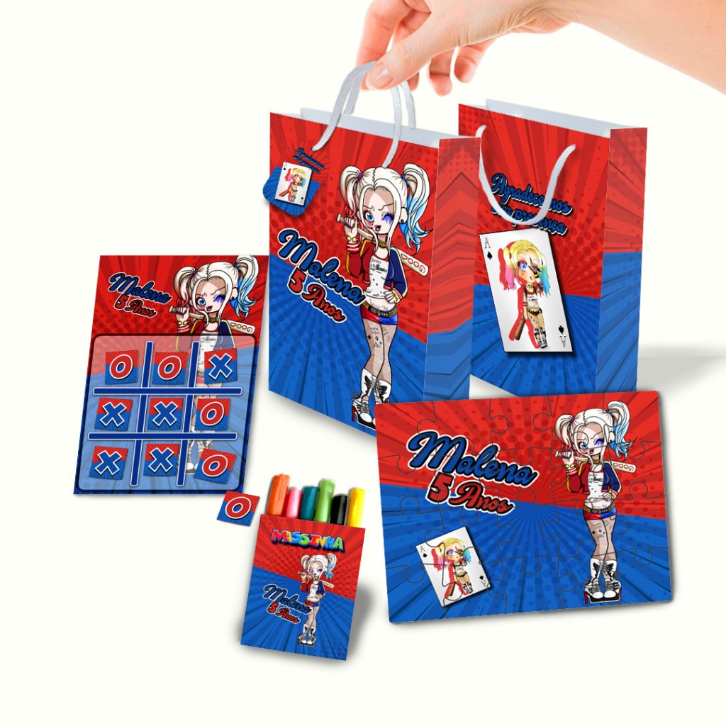 Lembrancinha Kit Sacolinha Personalizada Quebra Cabeça, Jogo da Velha, Massinha Arlequina
