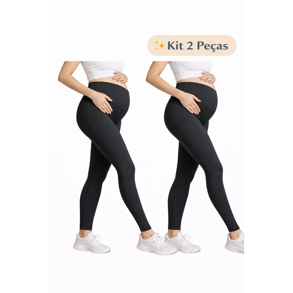 Kit 2 Calças Legging Grávida Maternidade Gestante Preto Blachout Cós Alto