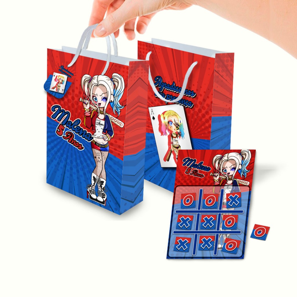 Sacolinha com Jogo da Velha Personalizado Arlequina Lembrancinha Festa Aniversário Infantil