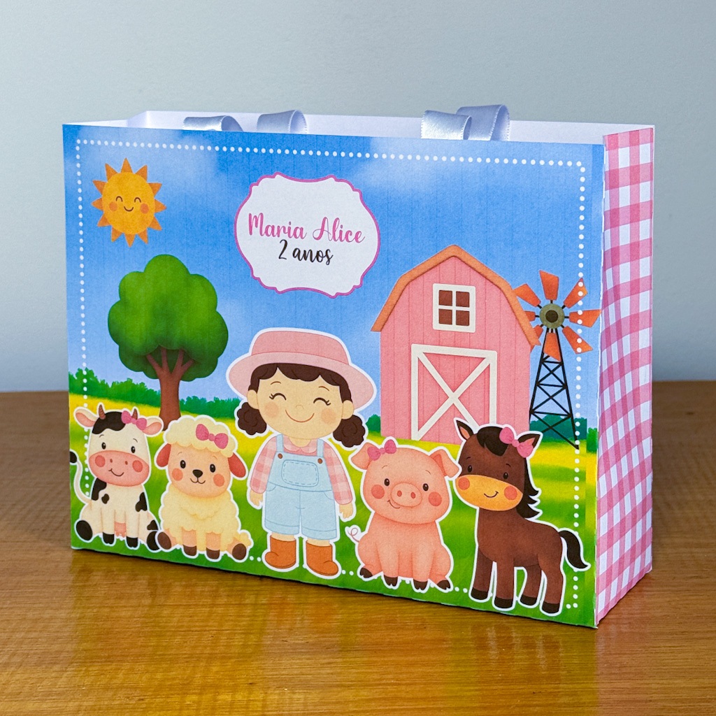 PEGUE E MONTE Kit Sacolinha Personalizada FAZENDINHA ROSA Festa Aniversário Lembrancinha