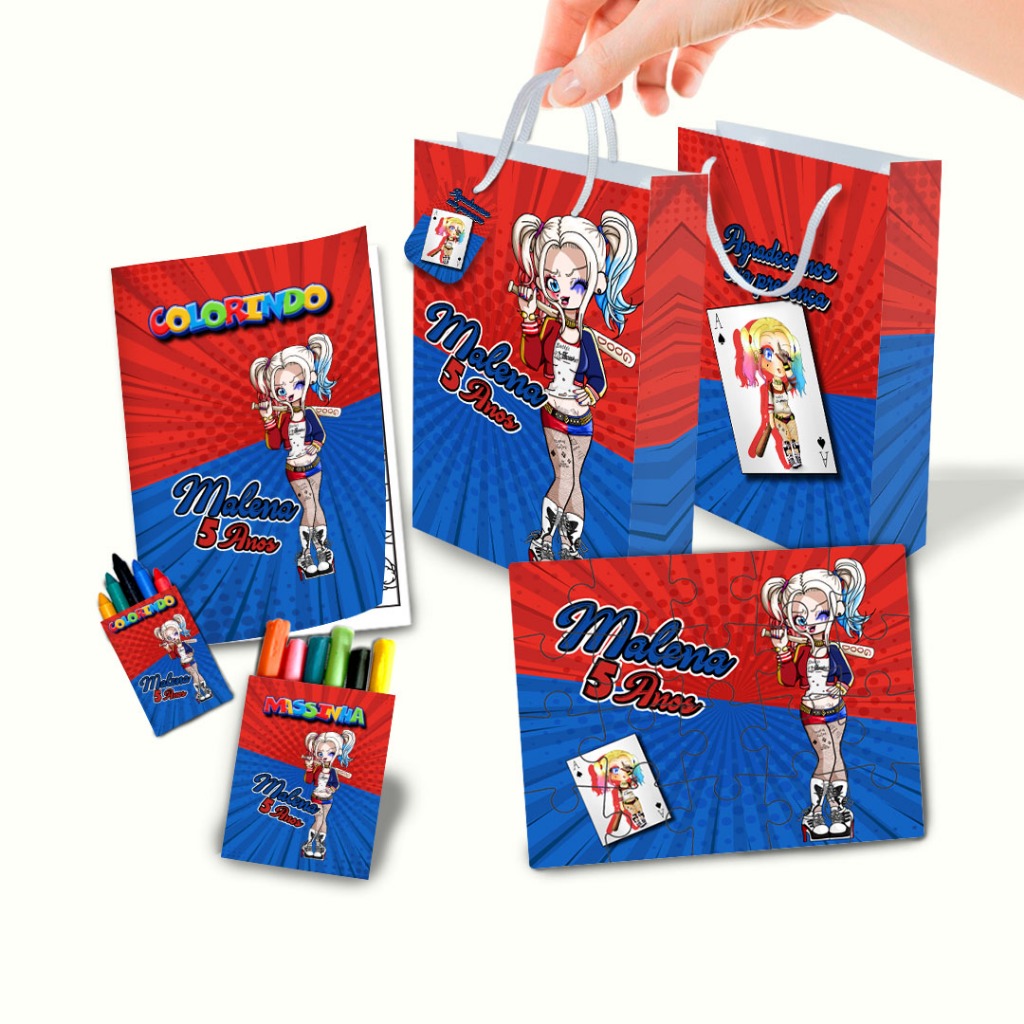 Lembrancinha de Aniversário Personalizado Sacolinha, Quebra Cabeça, Livrinho, Massinha Arlequina