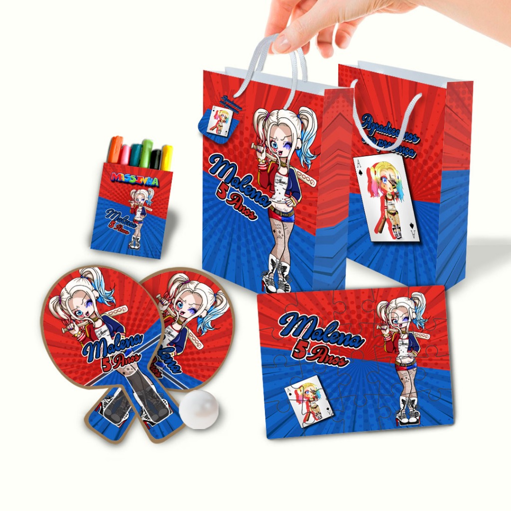Lembrancinha de Aniversário Personalizado Sacolinha, Raquete, Quebra Cabeça, Massinha Arlequina