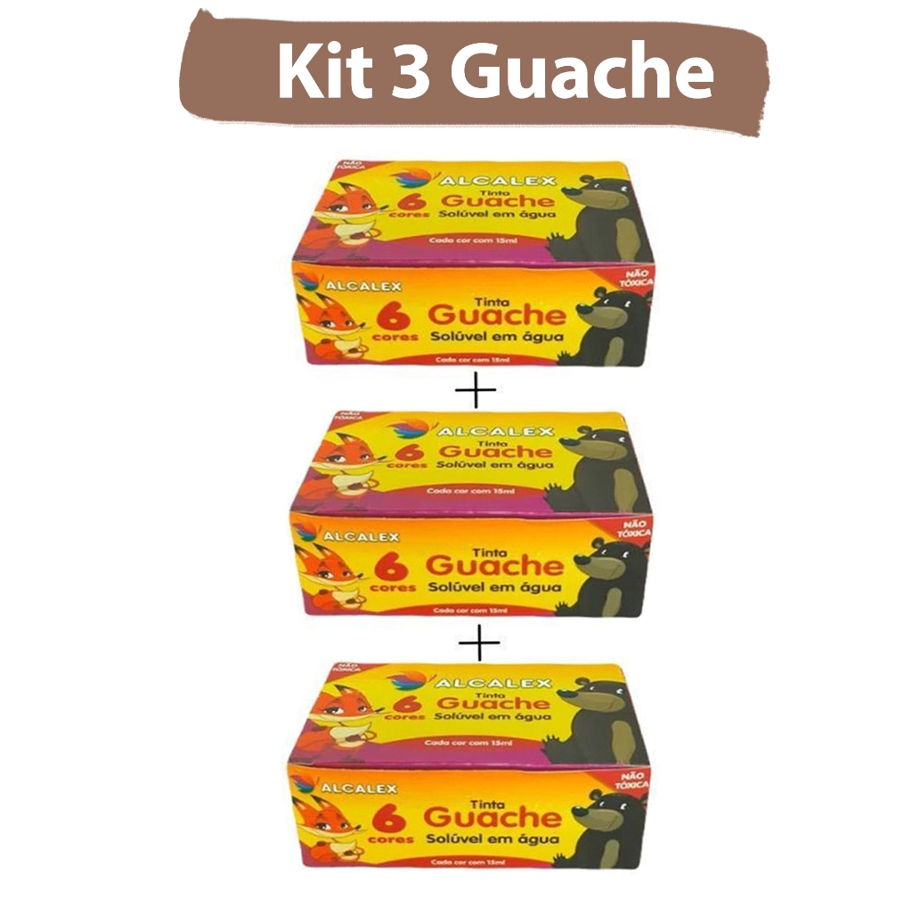 KIt 3cx Tinta Guache 15ml Caixa C/06 Cores Alcalex Pintar Escolar
