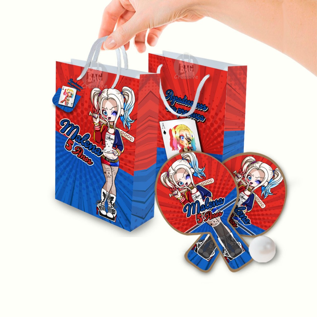 Sacolinha com Raquete Personalizada Arlequina Lembrancinha Festa Aniversário Infantil