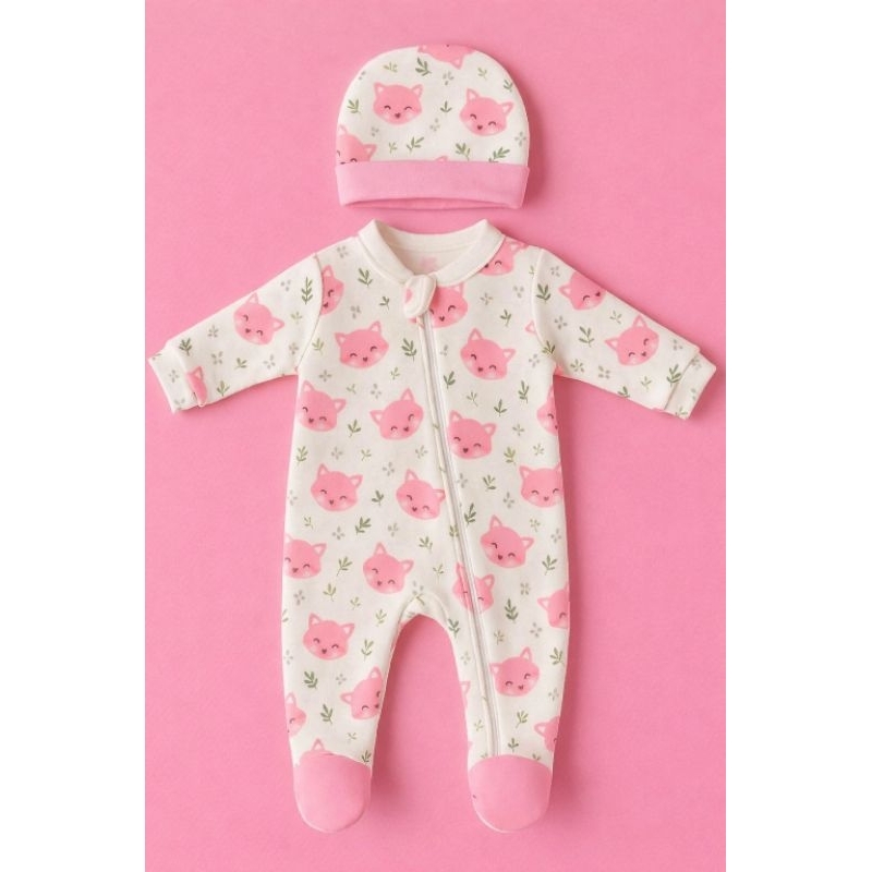 macacão com touca bebe recém nascido  malha com estampa raposa rosa com zíper na frente tecido macio confortável em Oferta na Shopee