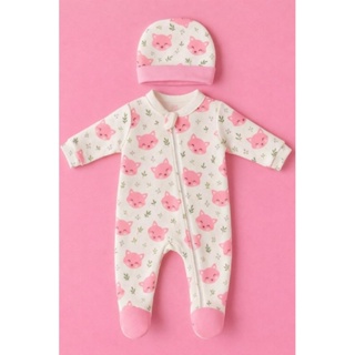 macacão com touca bebe recém nascido  malha com estampa raposa rosa com zíper na frente tecido macio confortável em Oferta na Shopee