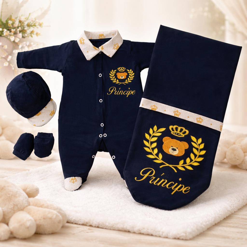 Saída de Maternidade Menino Príncipe Luxo 4 Peças Algodão Premium Look Elegante para Recém-Nascido em Oferta na Shopee