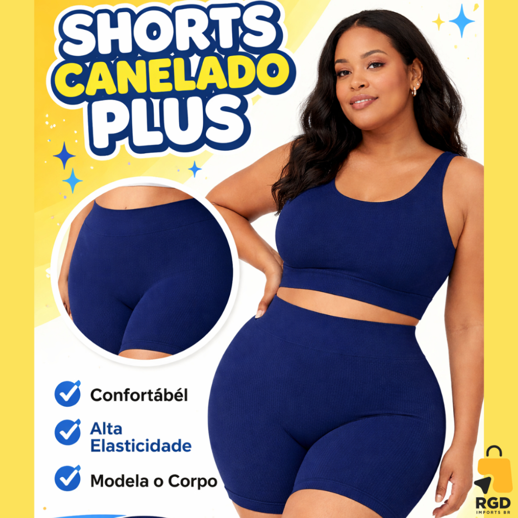 Shorts Canelado Plus Size Feminino Empina Bumbum Cós Alto Confortável Academia - ⦁	Alta elasticidade