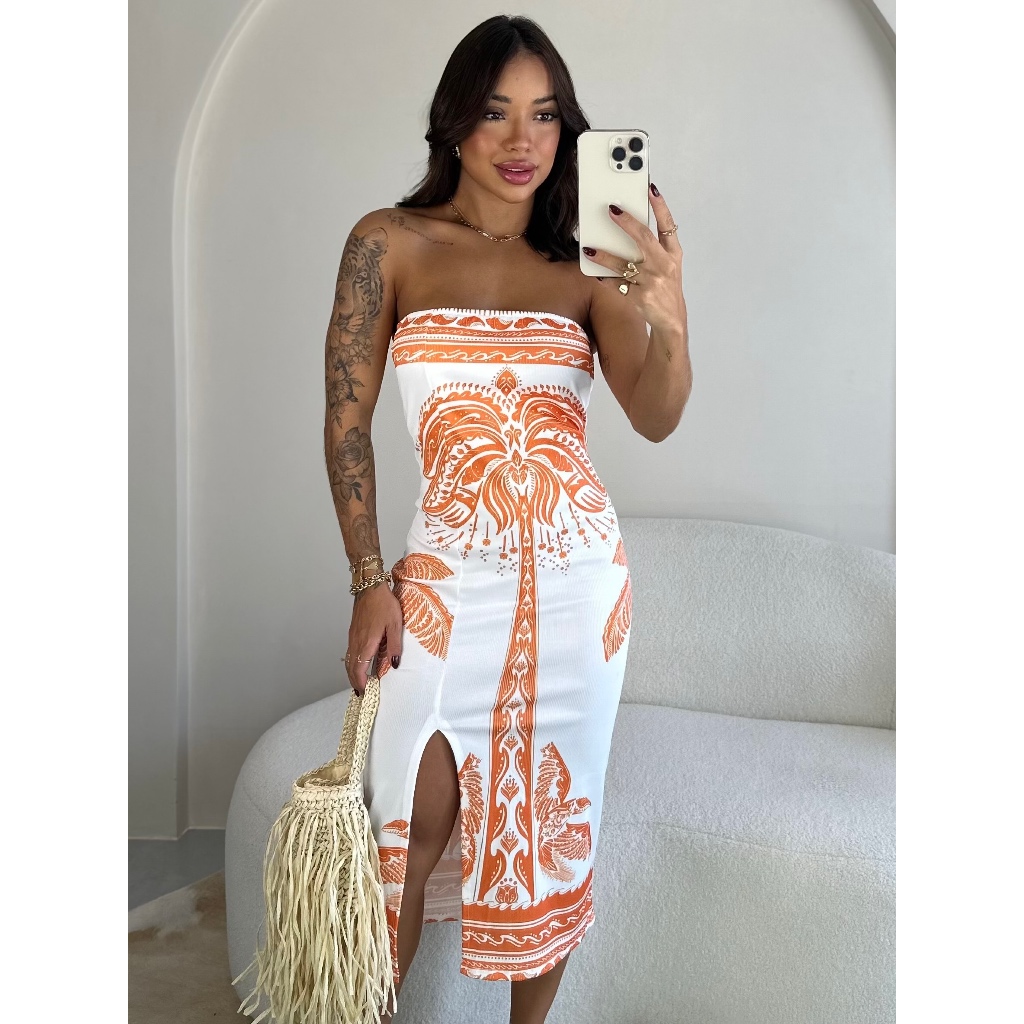 Vestido Feminino Midi com Fenda Ribana Luxo Tomara Que Caia