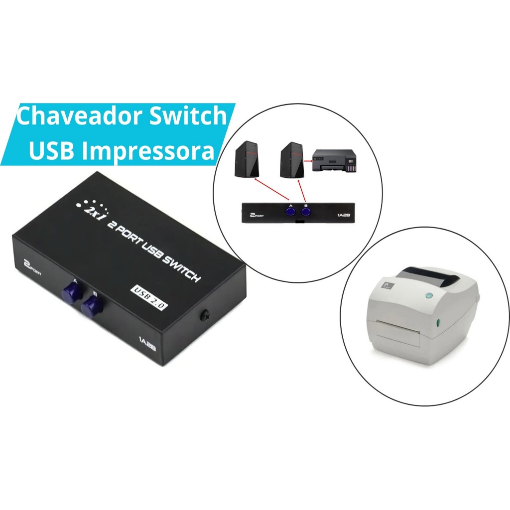 Chaveador Switch USB Tipo-B 2x1 A/B HUB Seletor para Impressora Scanner 2 Portas