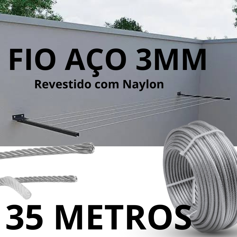 Cabo/Fio de aço 3mm revestido com naylon para Varal e outras utilidades, Flexivel e Resistente. Temos de 5 a 35 metros.