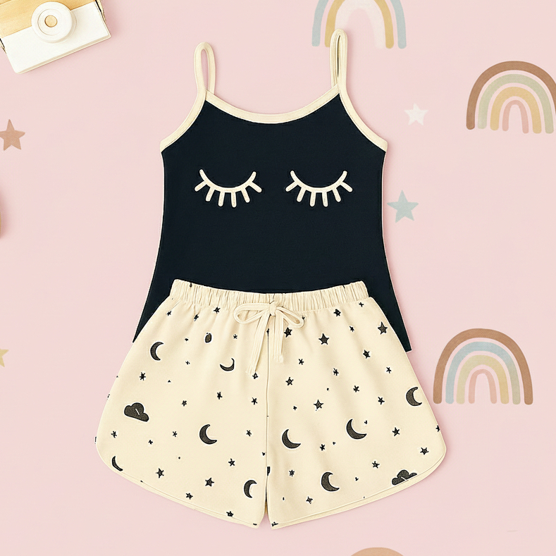 Baby Doll Infantil Malha Confort Cílios Fofo Pijama de Verao Roupa De Dormir Short Doll Menina