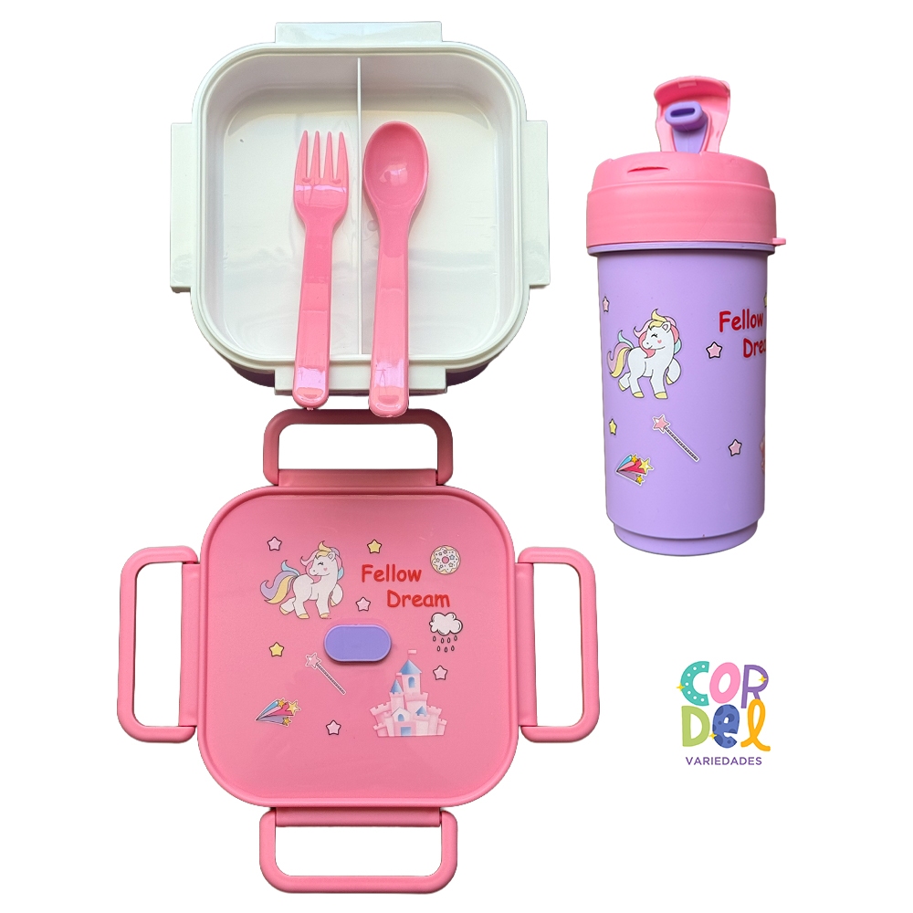 Pote Marmita Infantil com Garrafa de Plástico + Garfo e Colher Unicórnio ou Dinossauro