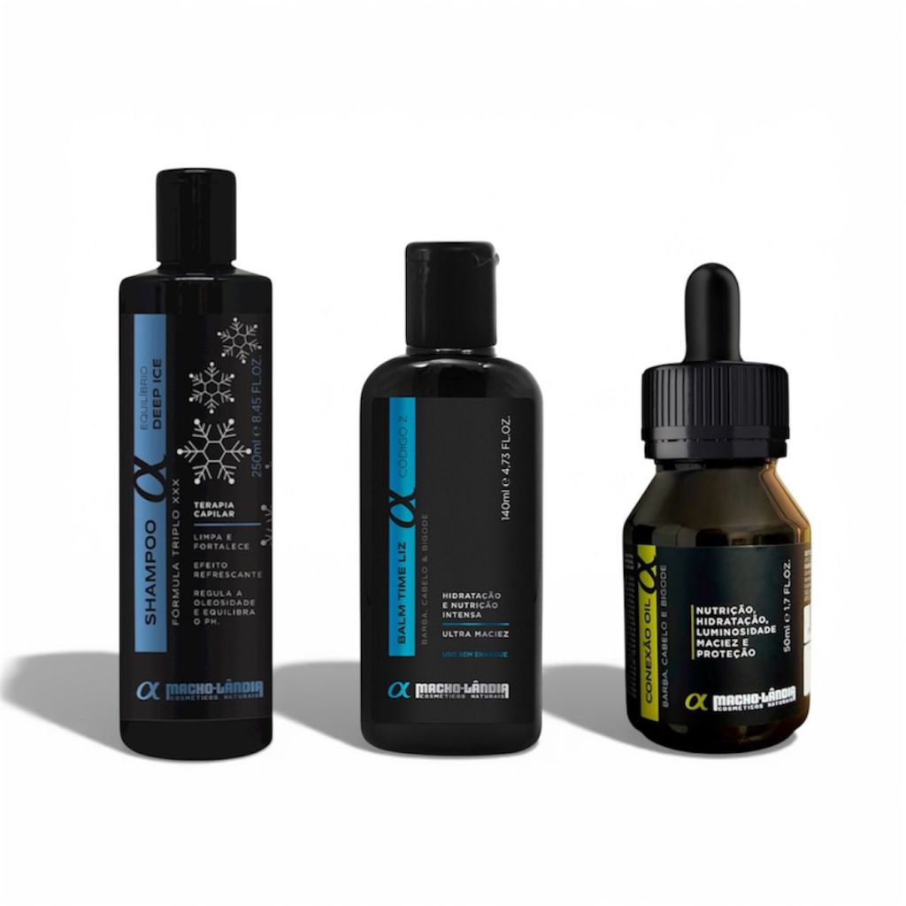 Kit Cuidados a Barba Macholândia Shampoo Cabelo e Barba Balm Time Liz e Conexão Oleo Citrico 50 Ml — R$ 165,60 em Shopee