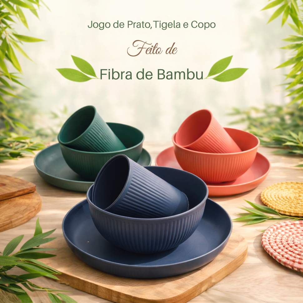 Jogo de Jantar 3 Peças Prato Tigela Copo Fibra de Bambu Stripes