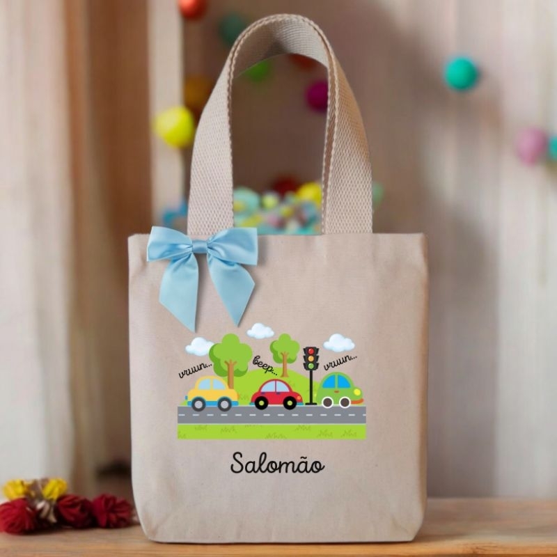 Ecobag sacolinha de tecido para lembrancinhas carros carrinhos personalizada