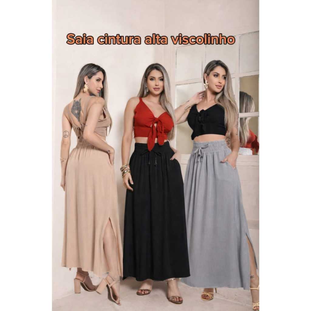 Saia Longa Viscolinho Com Bolsos Cintura Alta Com Fenda Lateral Forrada Moda Casual novo 2026