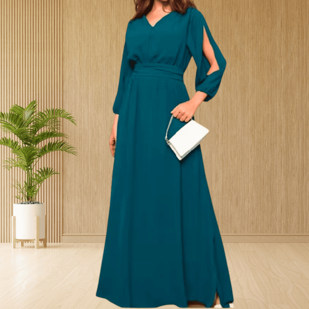 Vestido Longo Feminino Detalhe Drapeado e Manga 3/4 Elegante em Oferta na Shopee