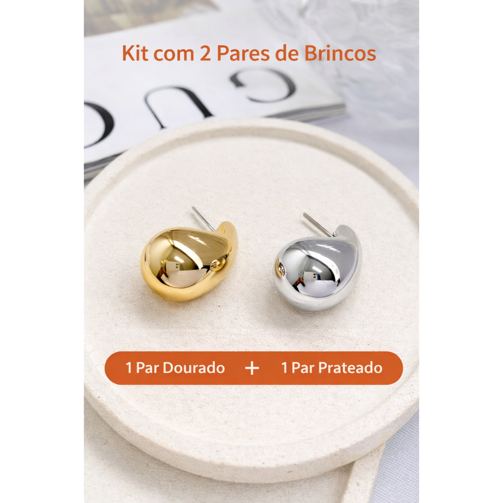 Kit Brinco Feminino Dourado + Prata Formato Gota LaminadoTamanho P Elegante Bijuteria