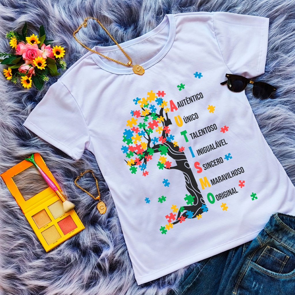 Camiseta Feminina Adulto Baby Look Básica Manga Curta Autismo Inclusão em Oferta na Shopee