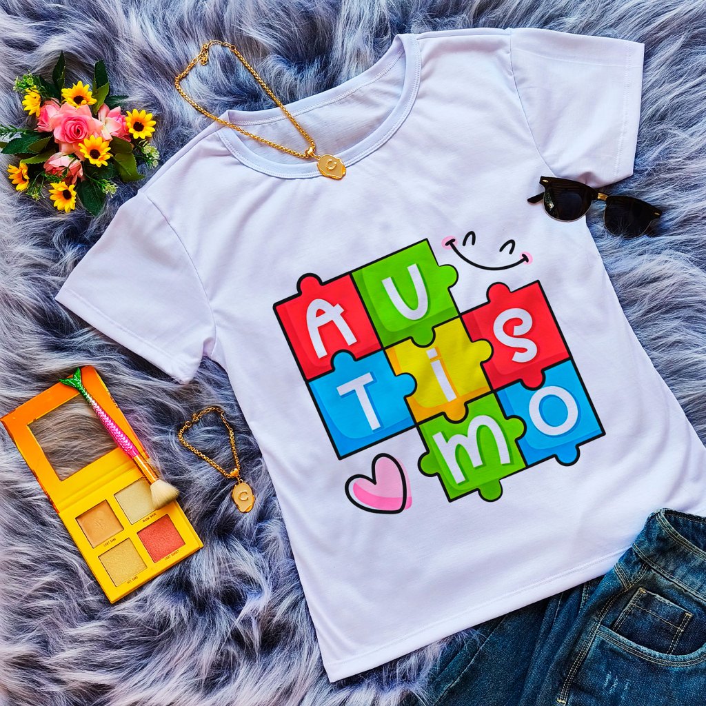 Camiseta Feminina Adulto Baby Look Básica Manga Curta Autismo Inclusão