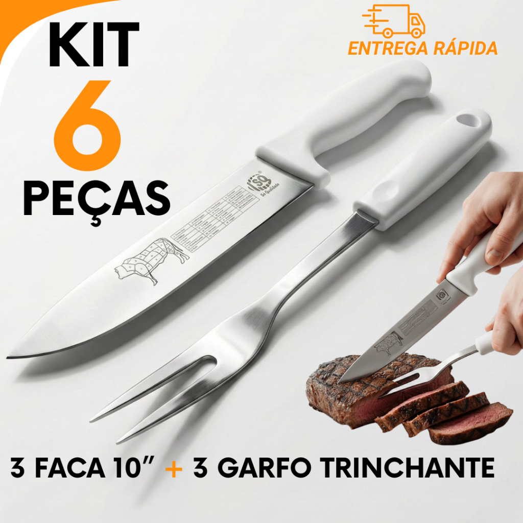 kit 6 4 ou 2 Garfo Trinchante + Faca 10” para Cortes Limpos e Serviço Perfeito.