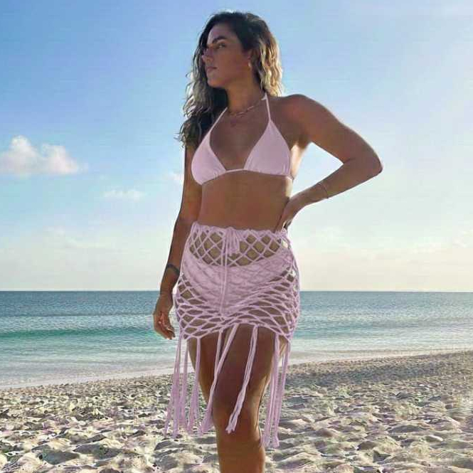 Saia ~ saída de praia com franjas, artesanal em crochê, feita à mão, barbante 95% algodão.