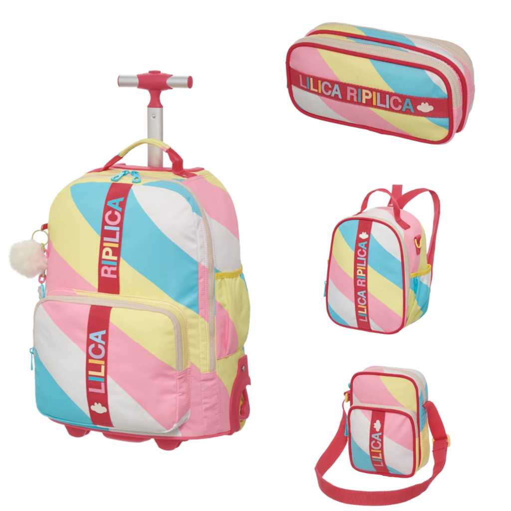 Kit Escolar Completo Mochila Carrinho Tubo + Lancheira Térmica + Bolsa Reversível + Estojo Duplo Lilica Ripilica Vibrant