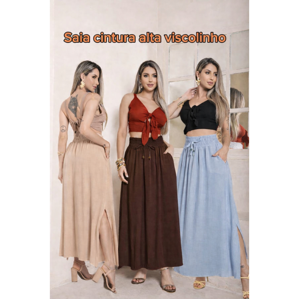 Saia Longa Viscolinho  Premiun Com Bolsos Com Fenda Lateral Forrada Cintura Alta em Oferta na Shopee