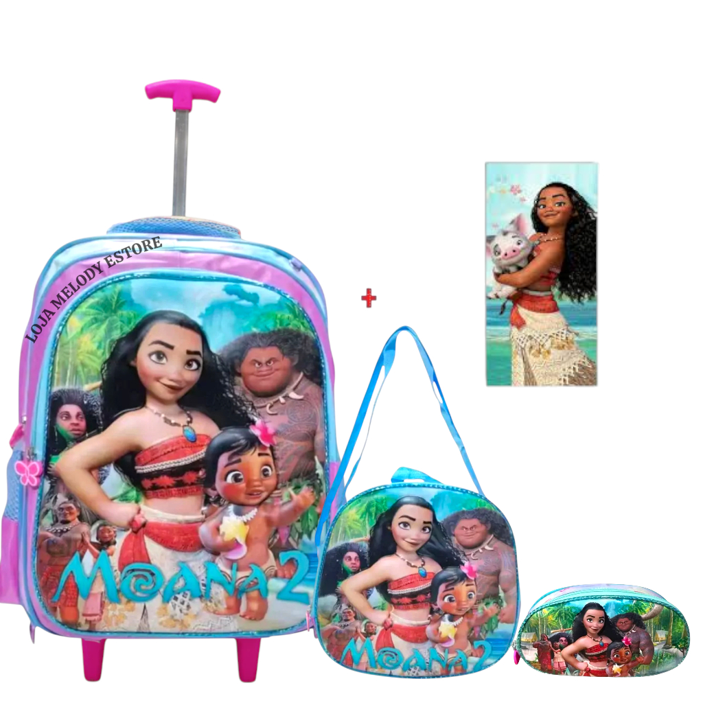 Kit mochila com rodinha escolar Moana 3D + Lancheira + Estojo e Toalha ✨