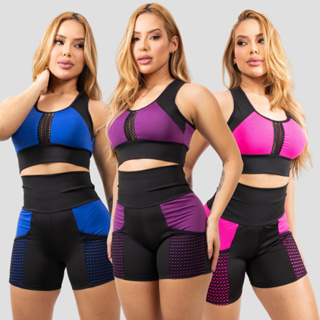 Conjunto de Academia  Feminino Fitness Top e Short Cintura Alta com Bolso em Oferta na Shopee
