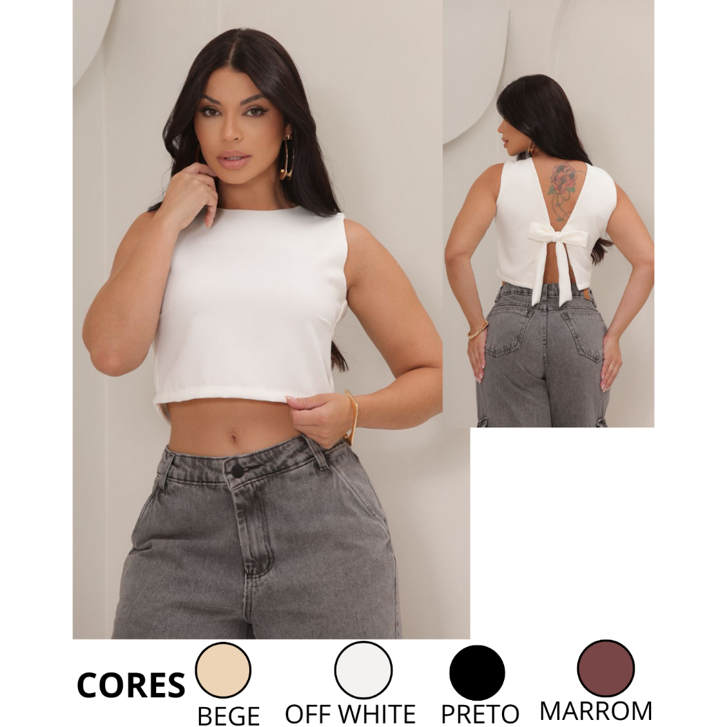 Blusa Cropped Alfaiataria Feminina Mary Com Laço Nas Costas Elegante Tendência Moda Blogueira