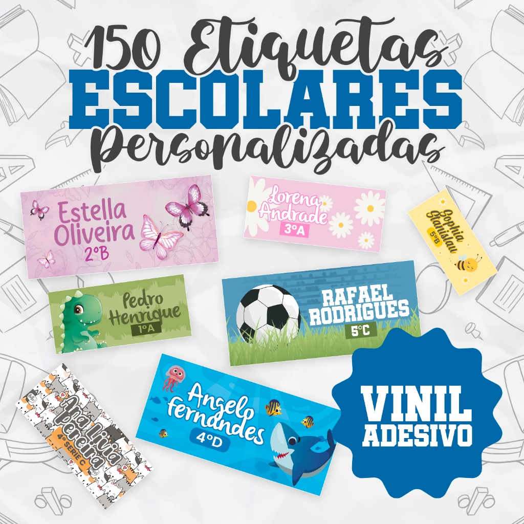 150 Etiquetas Escolares VINIL Adesivo a Prova D' Agua Personalizável Diversos Temas em Oferta na Shopee