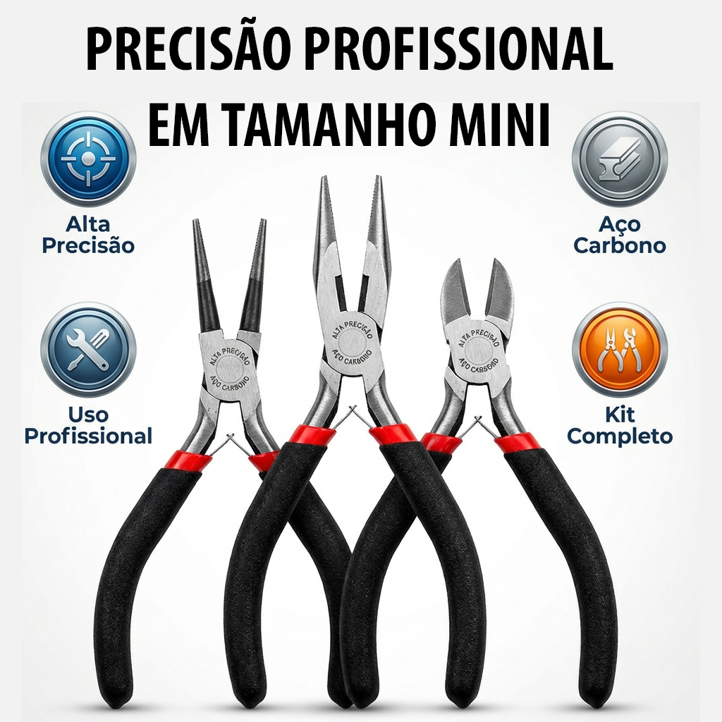 Kit 3 Mini Alicates Preto Profissional Bico Redondo Meia Cana Corte Diagonal Precisão